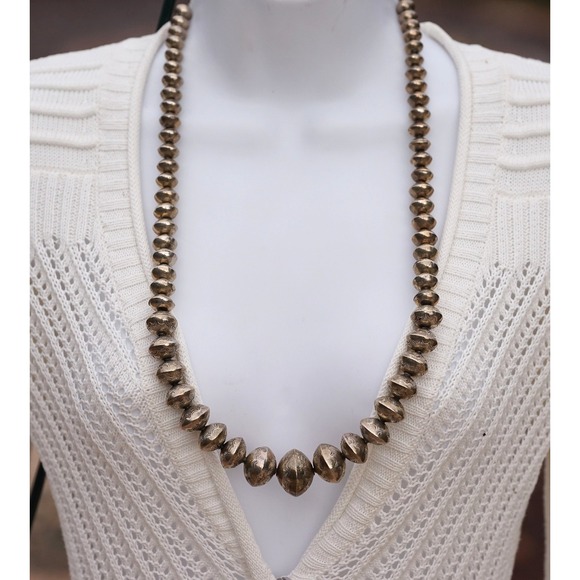 Heavy 108g Indian Sterling Silver Navajo Pearls Necklace Hand Stamped Graduated - Picture 6 of 12